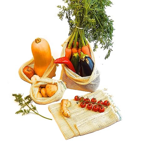 NatureShopper Stabile Obst- und Gemüsebeutel aus Bio-Baumwolle im 6er Set (3 Größen) mit Gewichtsangabe (Tara) - Obstnetz für