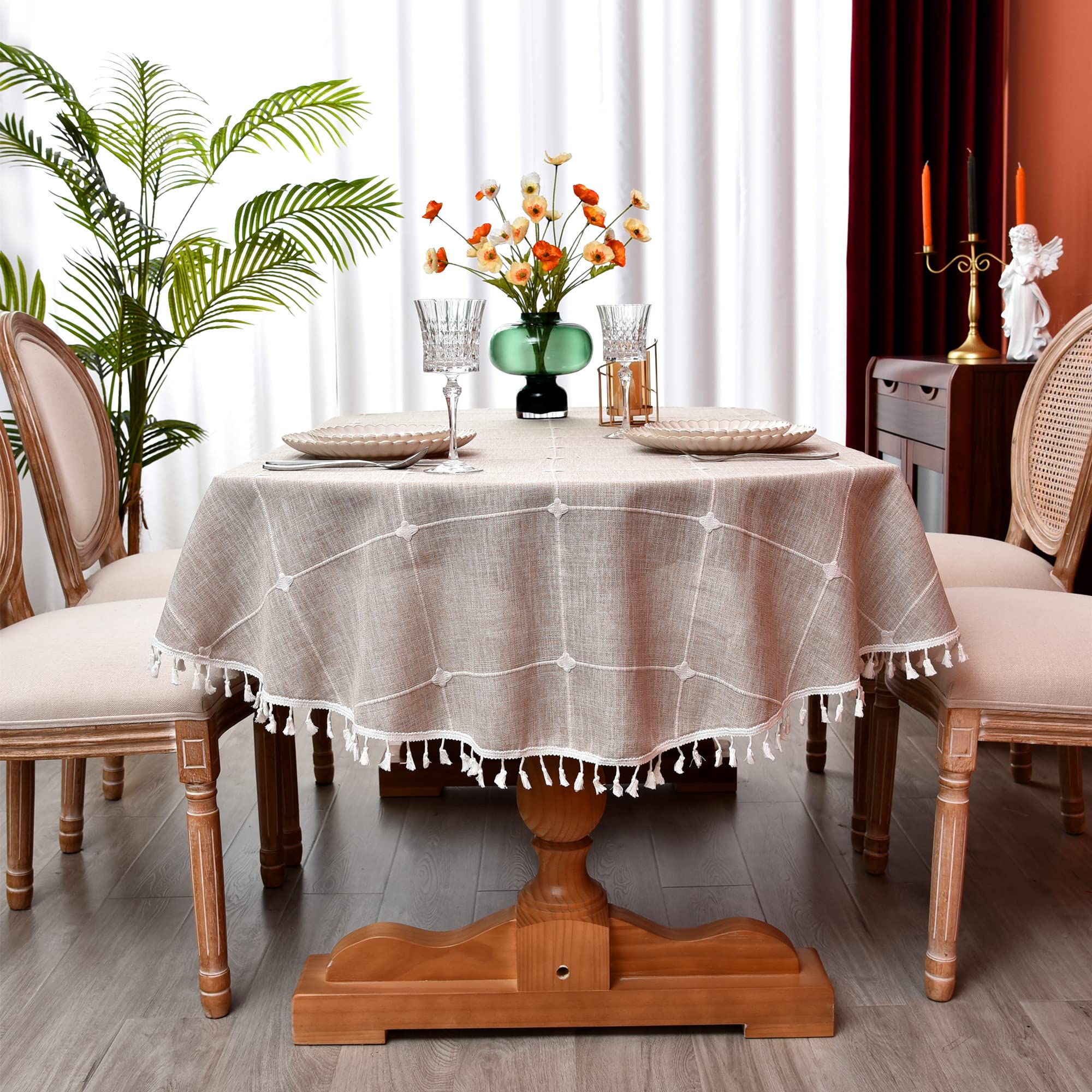 Monibana Plaid Farmhouse Coffee Oval Tablecloth Cotton Linen Heavy Weight Checkered Table Covers Cloths for Dining Room Kitchen Tabletop Decoration, 60x104 Inch Image