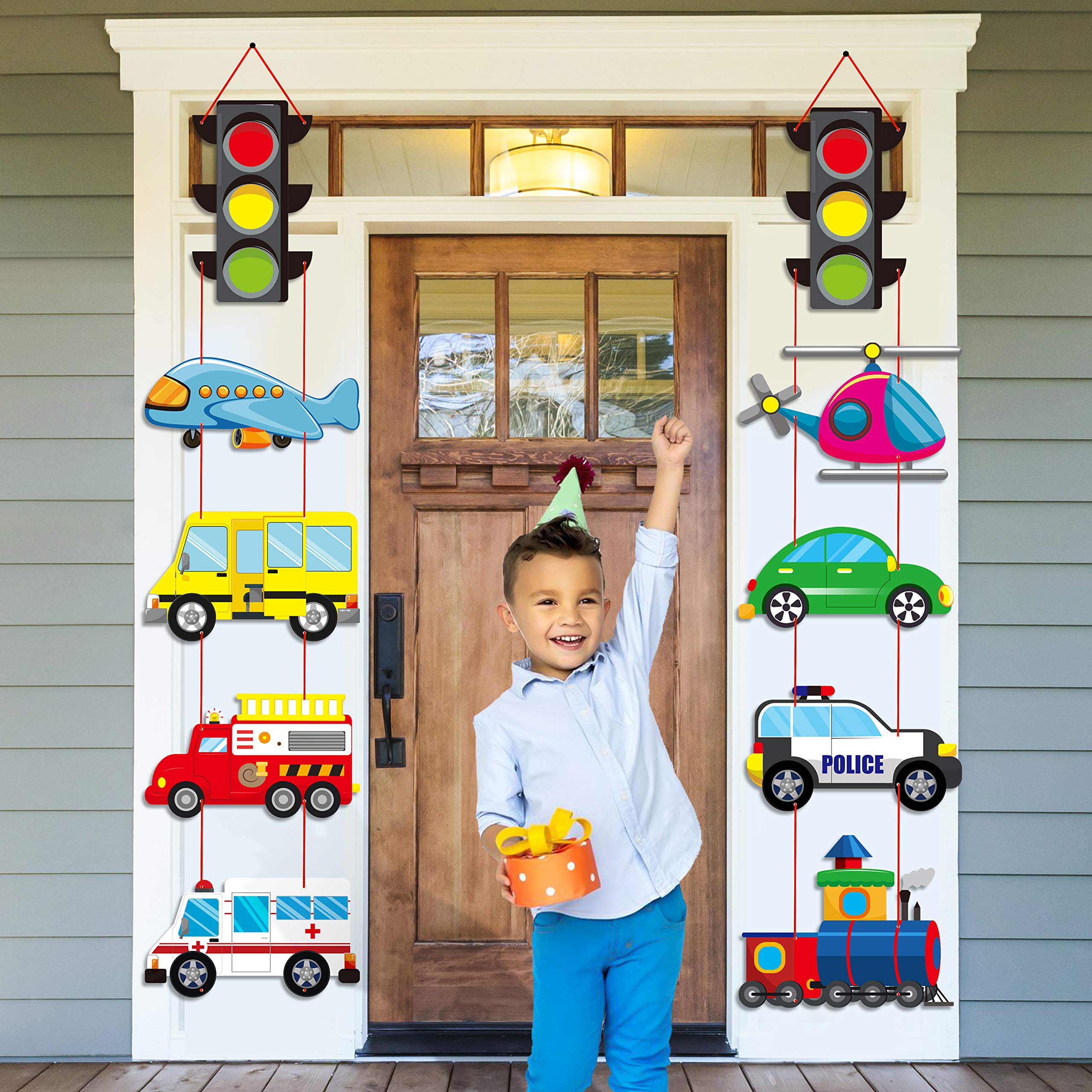 Photo 1 of Ticiaga 10pcs Transportation Cardboard Cut-out for Outdoor Porch Sign Door Banner, Transportation Theme Birthday Party Banner, Car Theme Hanging Party Decoration Kit, Mix of Car, Plane, Traffic Light