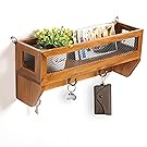 MyGift Country Rustic Dark Brown Wood & Metal Wall Mounted Storage Wire Mesh Basket Rack w/Coat Hooks