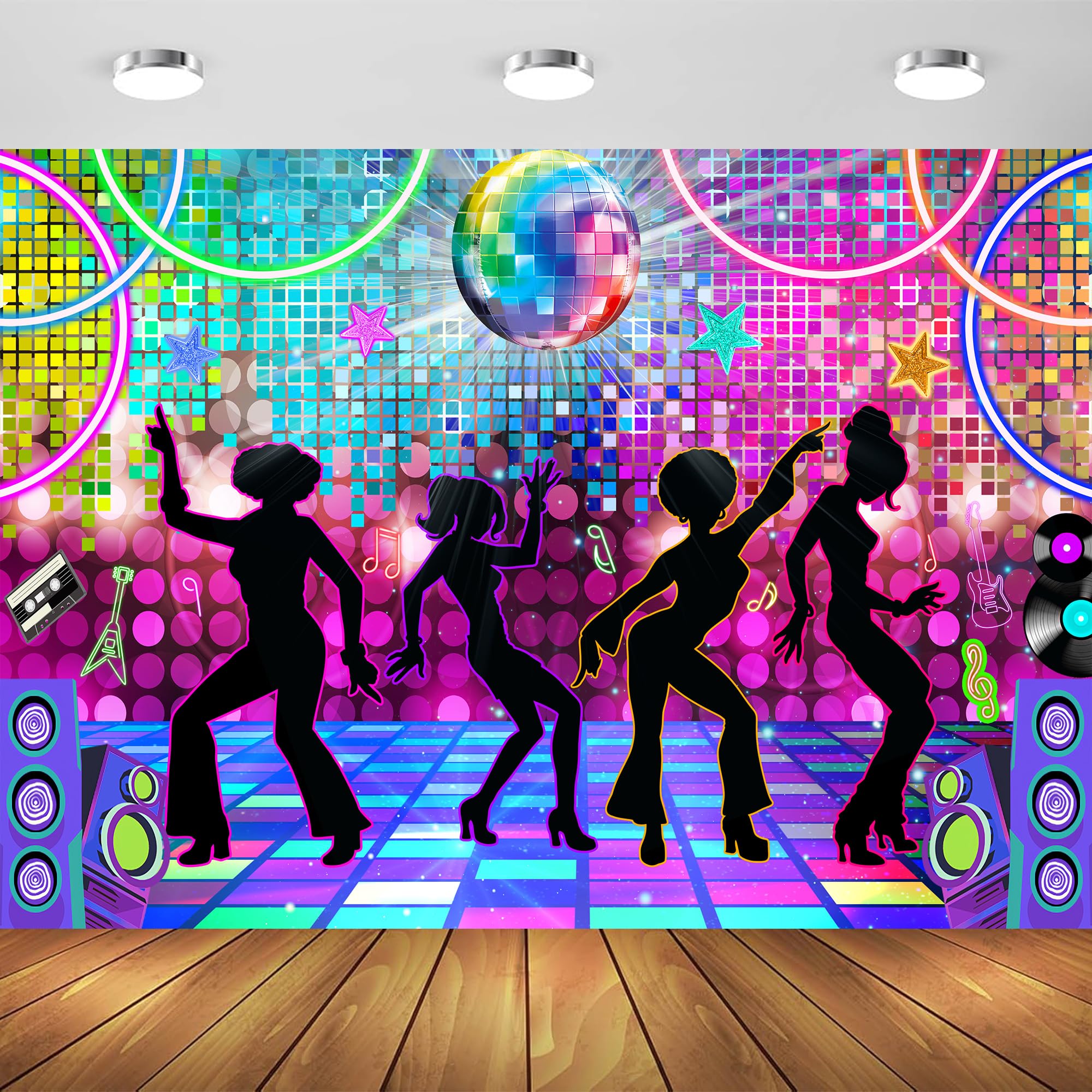 Photo 1 of ?Ydbkt 7X5FT Disco Backdrop, Retro 70s Party Decoration Backdrop, Disco Ball Dance Silhouette Wall Background for Dance Parties, Photography Sessions Theme Events Durable Large Decor Tapestry
