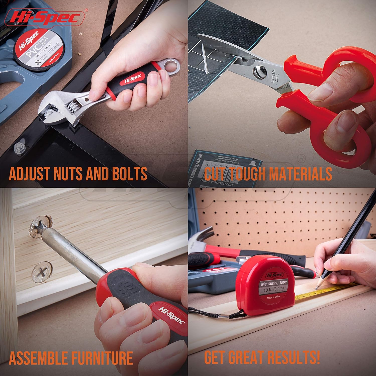 Hi-Spec 49 Piece Garage & Home Tool Kit with Low Vibration Claw Hammer, Adjustable Wrench, Metric 1/4" Sockets, Precision Screwdrivers, Combination Pliers, Bit Driver & Screw Bits Tool Set in Box - - 