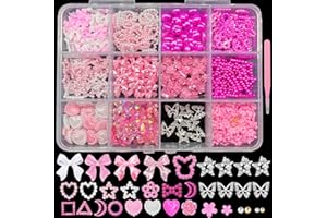 AQNJC 600 PCS 3D Nail Charms Set - Pink and White Bow, Pearl, Butterfly, Heart, Rose, Star, Flower Nail Charms and Gems Y2K Nail Pearls for Nail Art Supply
