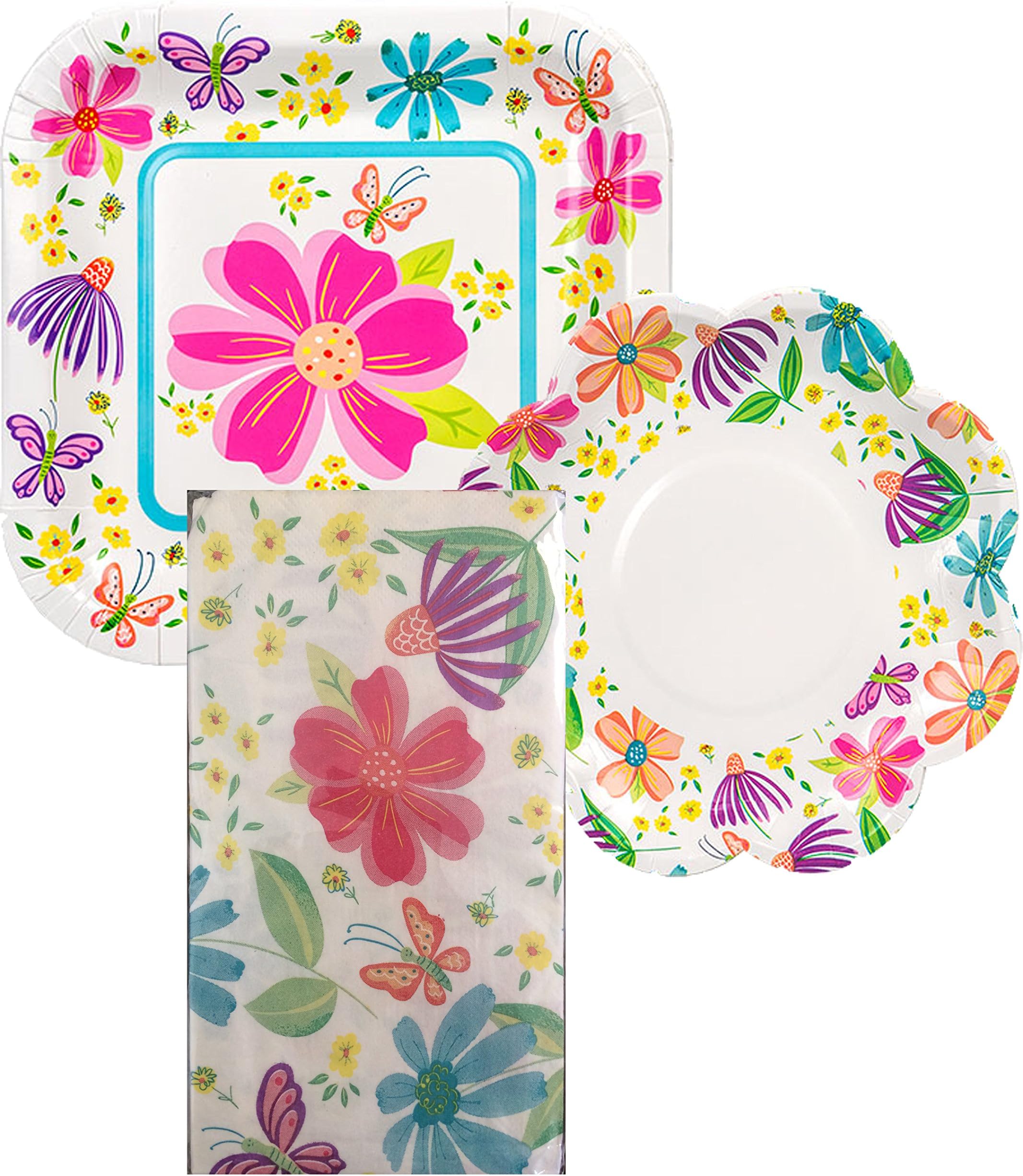 Easter Spring Floral Paper Plate Bundle: 14 Dinner, 14 Dessert & 16 Napkins