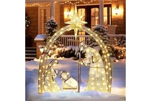 ATDAWN 4.5FT Christmas Outdoor Decorations, Lighted Outdoor Nativity Set with 115 LED Lights, Holy Family Nativity Scene for Christmas Holiday Lawn Garden Yard Decoration, Brown & Gold