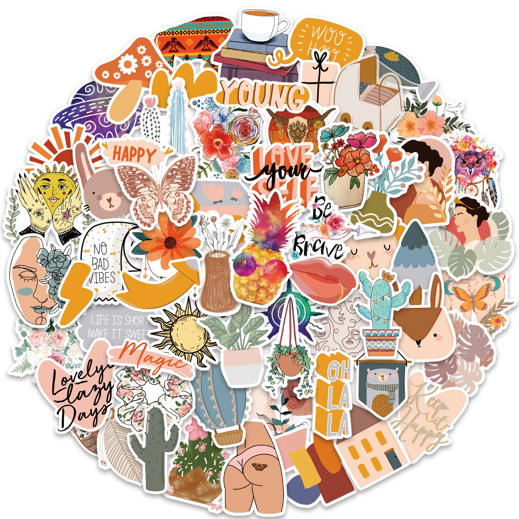 100 PCS Bohemia Style Stickers for Laptop Vinyl PVC Kawaii Pack Decals for Water Bottle Moto Bicycle Skateboard Luggage Phone Decor Scrapbook Stickers for Kids, Teens, Girls and Adults - Boho