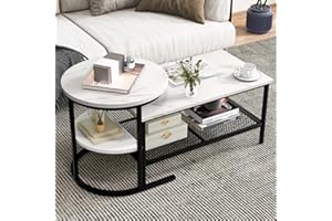 KOTEK Nesting Coffee Table Set of 2, Detachable Rectangular Coffee Table & Small Round End Table Set, Faux Marble Pattern & S