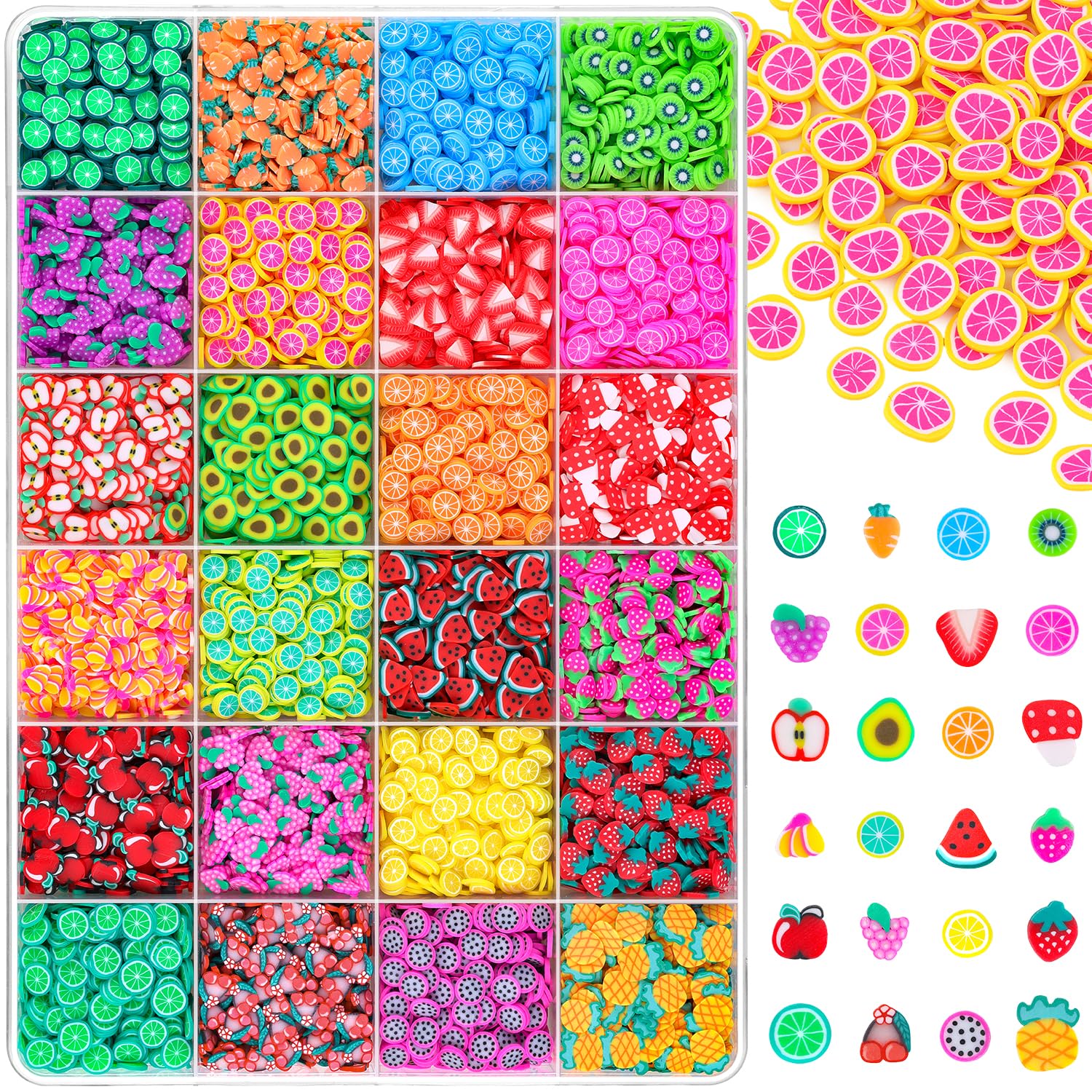 Photo 1 of 24-Grid Fruit Slice Polymer Clay Cute Slime Add Ins for Nail Art, Kawaii Scrapbooking Embellishments & Lip Gloss, Cellphone Decorations Bulk Slime Mix Ins Assorted Fruits Accessories for DIY Crafting