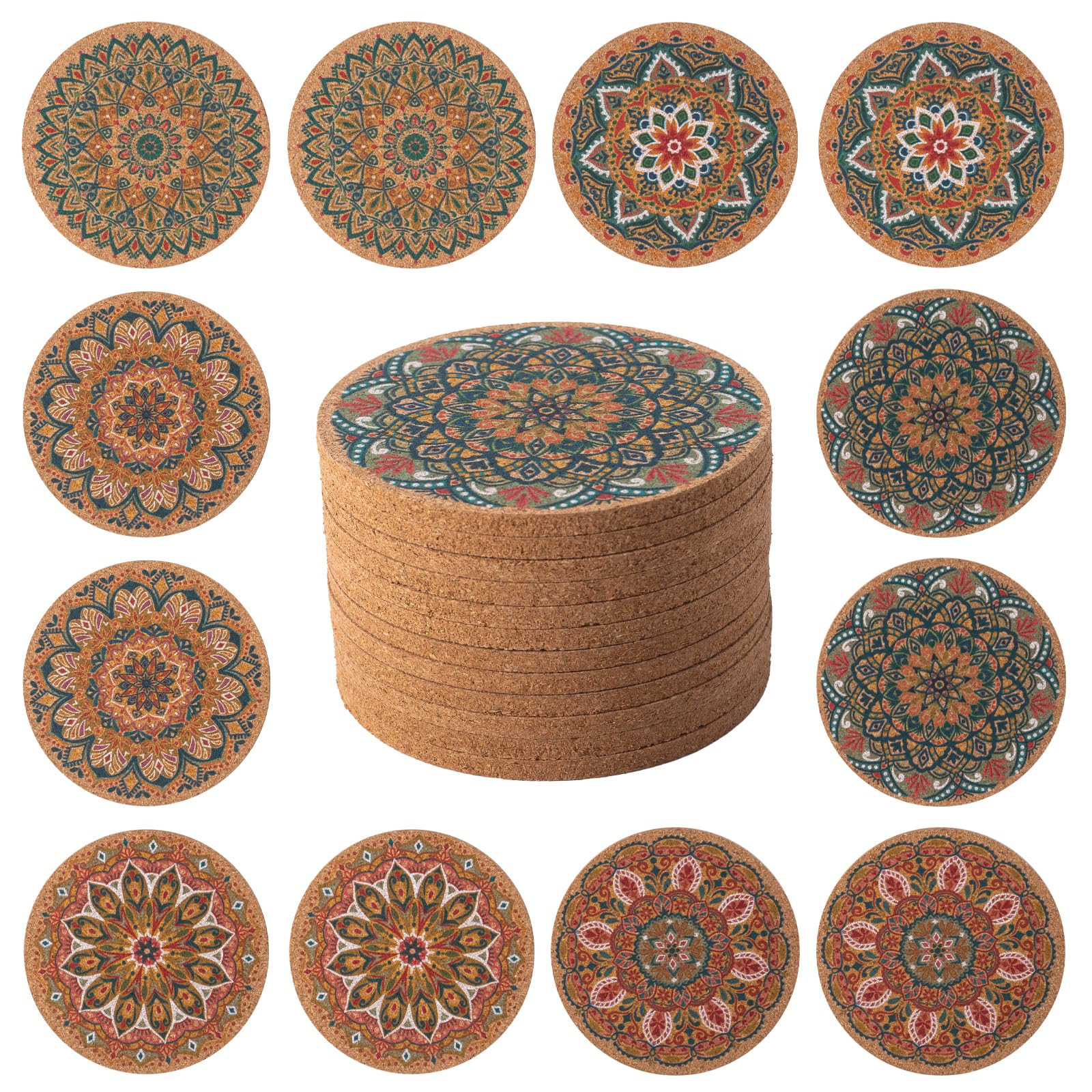 STARUBY 12 Pcs Cork Coasters, Coasters for Drinks, for Coffee Table, for Drinks Absorbent Kitchen Dining Room Decoration 10cm Round Flower1