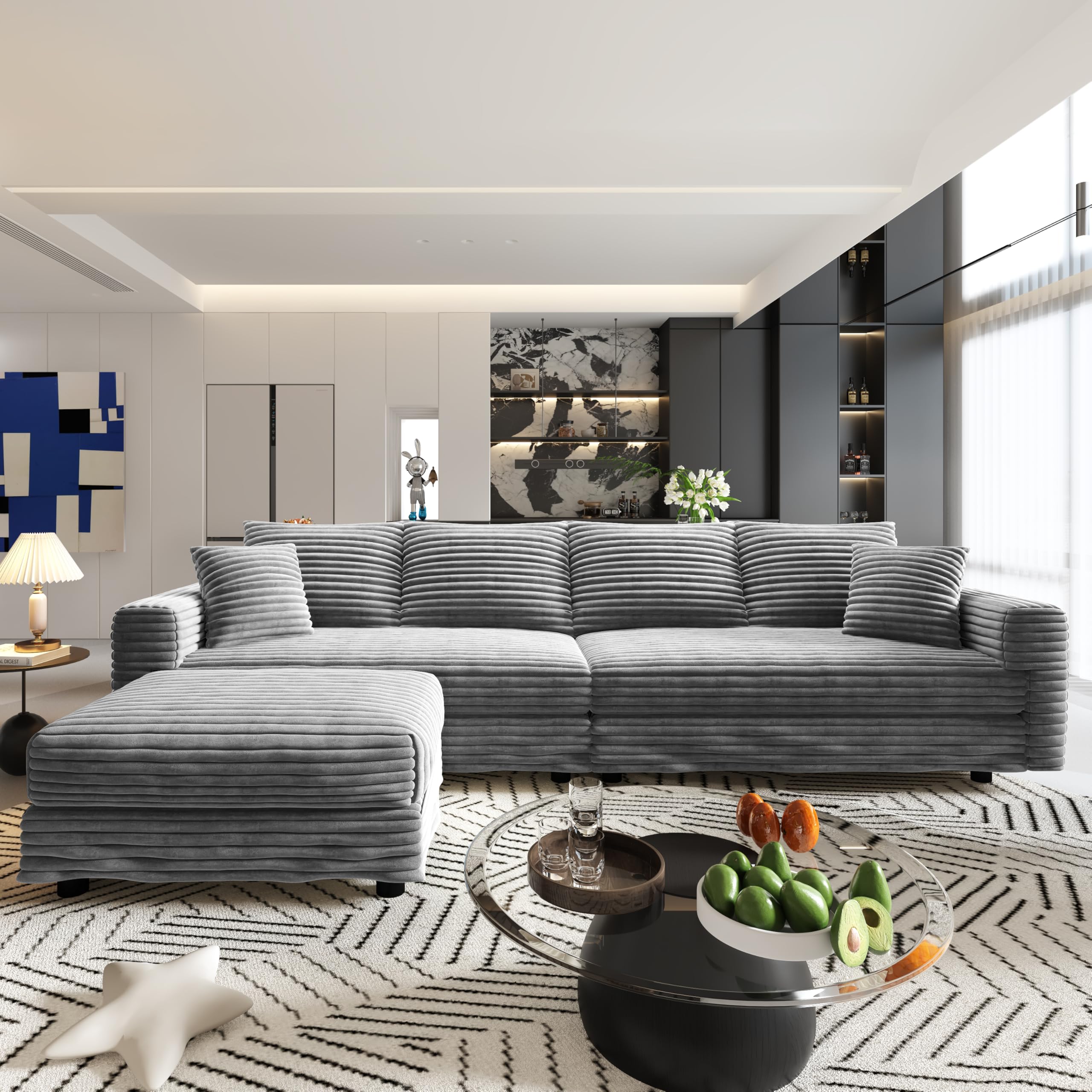 Photo 1 of ***DIRTY/Partial set BOX 1 OF POSSIBLY 4 *** 4 Seater Oversized Sectional Sofa with Movable Ottoman, 104" Plush Corduroy Upholstered Cloud Sofa Couches, 2-in-1 Convertible Lounge Sleeper Sofabed w/ 6 Throw Pillows for Living Room Apartment