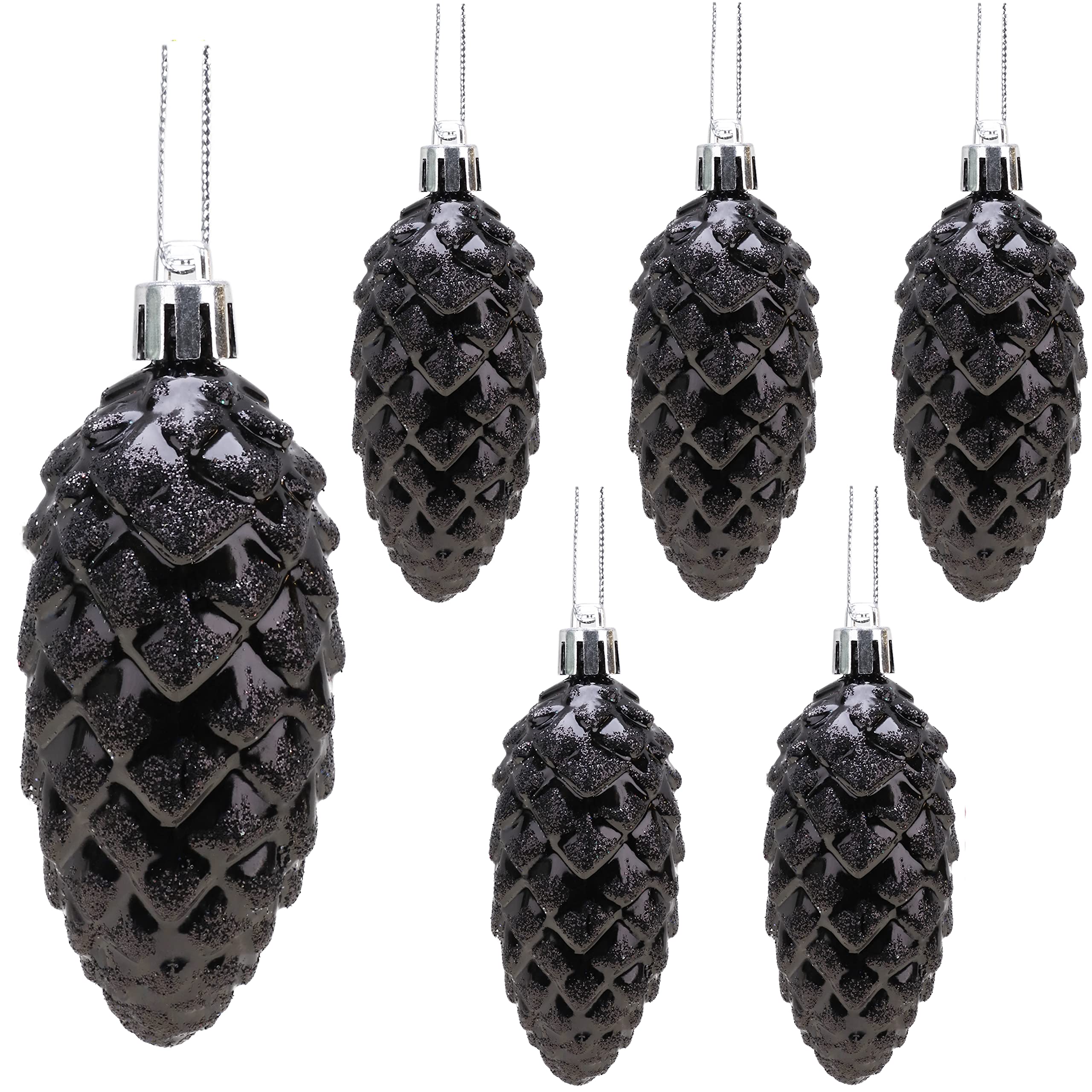 Christmas Concepts® Pack of 6-90mm Pine Cone Baubles – Shiny and Glitter Decorated – Luxury Christmas Decorations (Black)