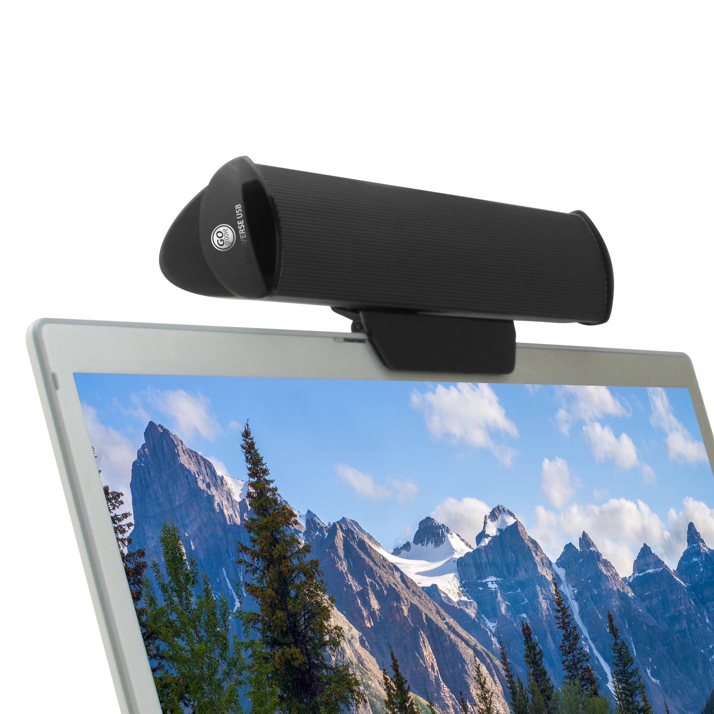 GOgroove USB Speakers for Laptop Computer - SonaVERSE USB Powered Mini Sound Bar with Clip-On Portable External Speaker Design for Monitor, One USB Cable for Digital Audio Input and Power (Black)