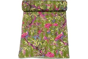 Marubhumi Indian Handmade Stitched Pure Cotton Bohemian Bird Print Kantha Quilt (Mahandi, Twin (60"x 90"))