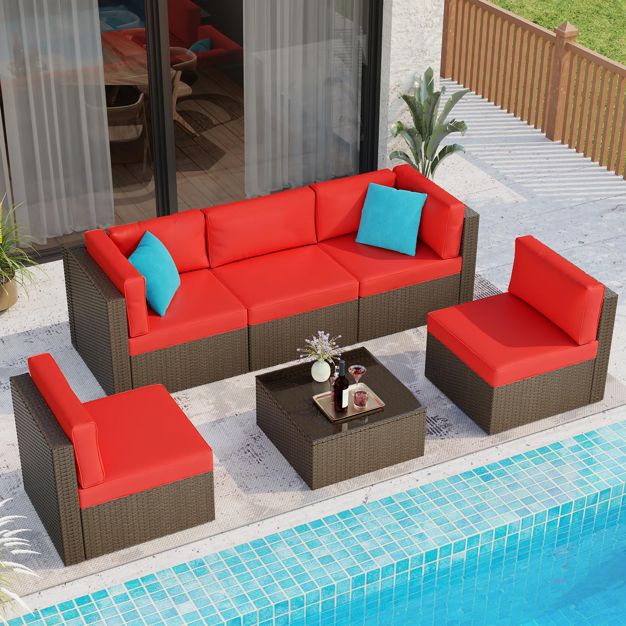 Photo 1 of *PARTIAL SET*
Shintenchi 6 Pieces Patio Furniture Sets Outdoor All-Weather Sectional Patio Sofa Set PE Rattan Manual Weaving Wicker Patio Conversation Set with Glass Table&Ottoman Cushion and Red Pillows, Red