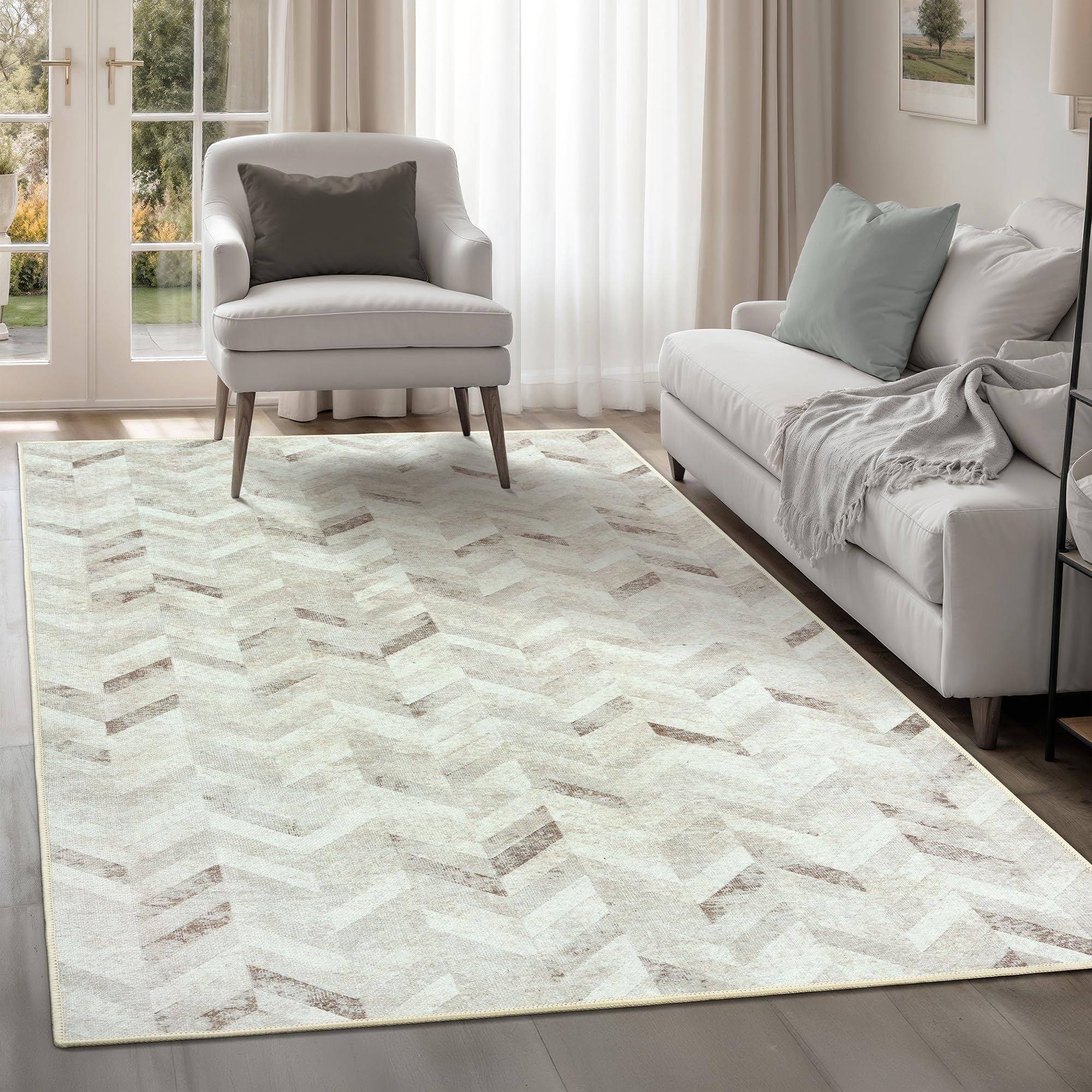 artyrugs Machine Washable Rug, 122x170cm, 75% Recycled Cotton, Short Pile, Non-Slip Backing, Non-Shedding, Suitable for Living Room, Bedroom, Kitchen, Hallway, Office, Nostalgia Cream