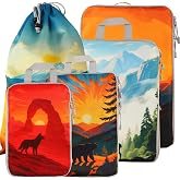 5 Pack Compression Packing Cubes, Expandable Travel Luggage Organizer Bags with Shoe Bag &amp; Laundry Drawstring Bag, Tropical Beach Print Suitcase Storage Organizers for Carry On Vacation Travel