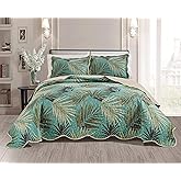 Masterplay 3-Piece Fine Printed Tropical Palm Leaves Oversize (115" X 95") Quilt Set, Bedspread Coverlet King Size Bed Cover (Sage, Aqua, Brown, Khaki)
