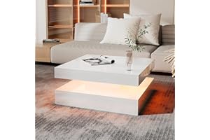 HedoAjim White LED Coffee Table for Living Room, 2-Tier Square Center Table Living Room Table, Modern High Glossy Contemporary Wood Coffee Tables with Storage, Suitable for Dining Reception