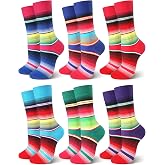 Mepase 6 Pcs Mexican Socks Gifts Day of The Dead Serape Blanket Crew Socks | Fiesta Party Independence Day Costumes Accessories Mexico Souvenirs for Women Men, Rainbow Stripes Design, Día De Los Muertos