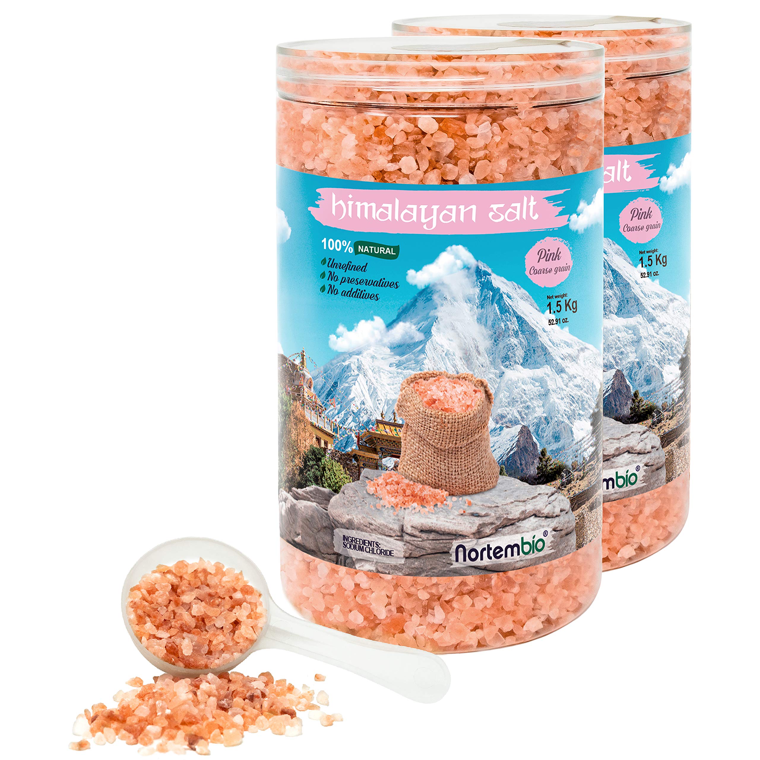 Nortembio Pink Himalayan Salt 2x1.5 Kg. Coarse Grain (2-5 mm). 100% Natural. Unrefined. No-preservatives. Harvested by Hand. Premium Quality.