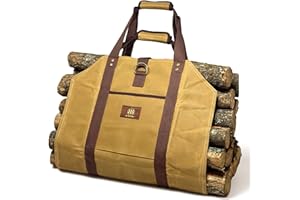 BB BY BARONE Log Carrier for Firewood Bag - 20oz Waxed Canvas wood carriers with Handles for Fire Logs storage- Fireplace and Campfire Accessories - Durable Waterproof Heavy-Duty Canvas Bag Carrier -