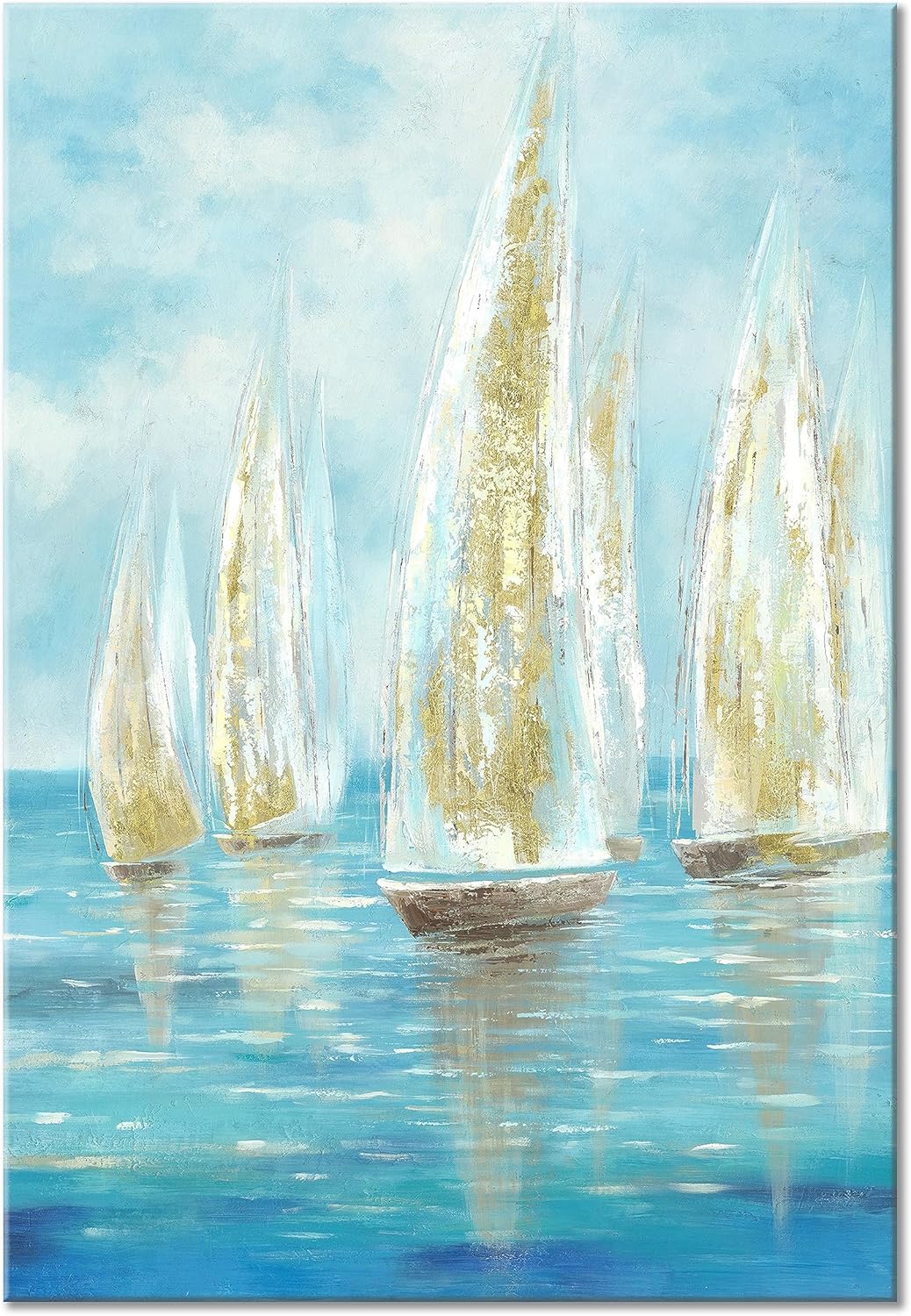 Paintings - UTOP-art Marine Paintings Sailing Boats Wall Art: Sailboat Seaview Canvas Artwork with Golden Foil Embellishment Ocean Decorations for office (12 '' x 16''x1Panel)