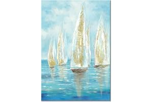 UTOP-art Marine Paintings Sailing Boats Wall Art: Sailboat Seaview Canvas Artwork with Golden Foil Embellishment Ocean Decorations for office (12 '' x 16''x1Panel)