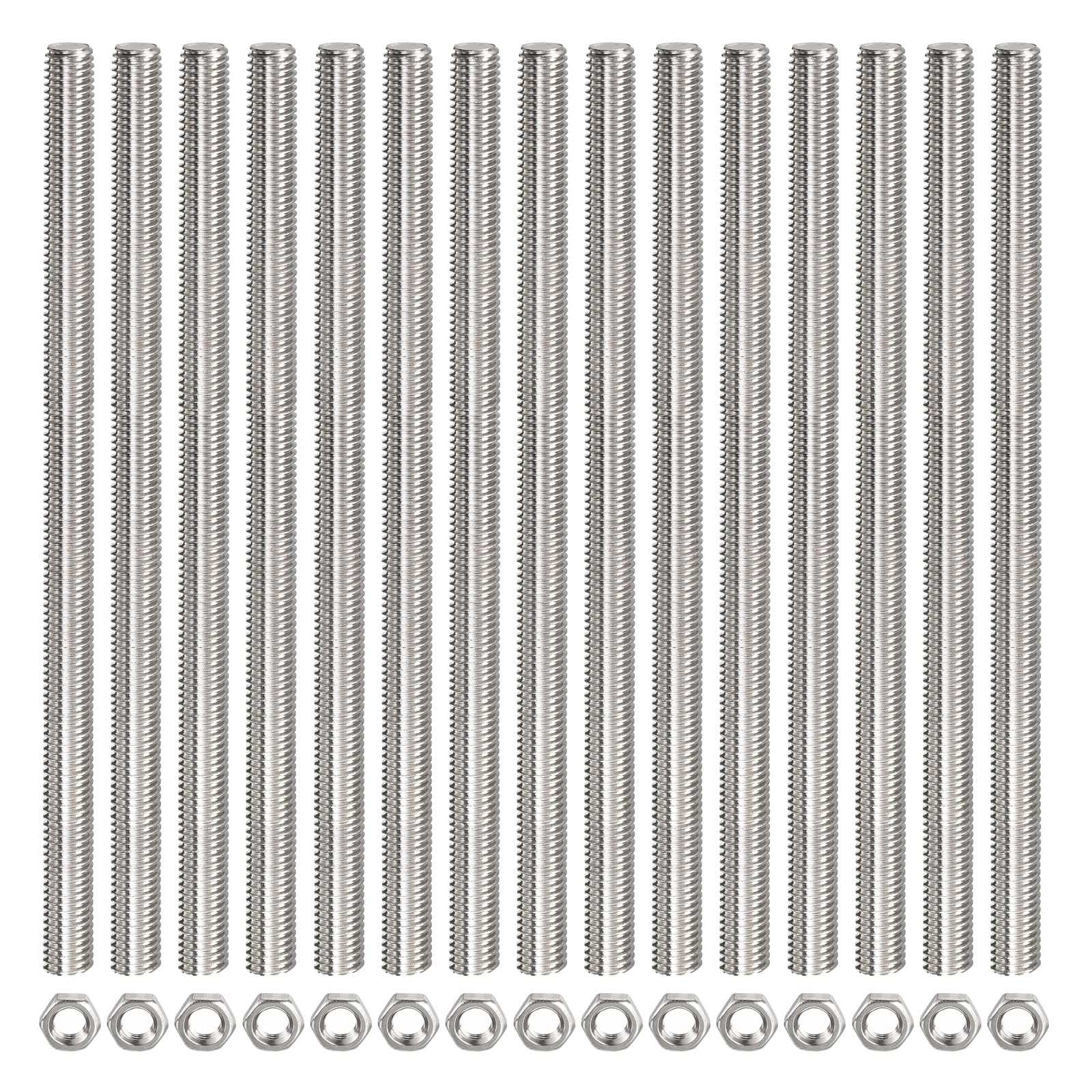 Rebower Fully Threaded Rod (with 24 Pcs Hex Nuts),Stainless Steel Fully Threads Studs[for Assembly Fastening] - M8 x 200mm,1.25mm Pitch/ Silver/ 24 Pcs