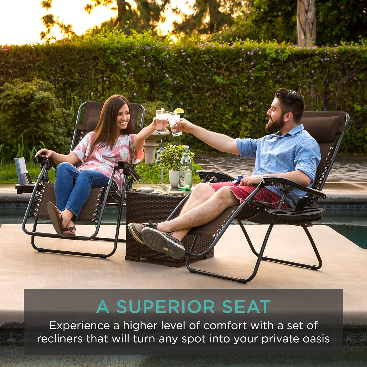 Best Choice Products Set of 2 Adjustable Steel Mesh Zero Gravity Lounge Chair Recliners w/Pillows and Cup Holder Trays, Brown : Garden & Outdoor