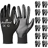 I9 Essentials 12 Pairs PU Coated Work Gloves – Black Safety Grip Gloves for Construction, Warehouse, Assembly & General Work | Lightweight Protective Gloves for Men & Women (Large)