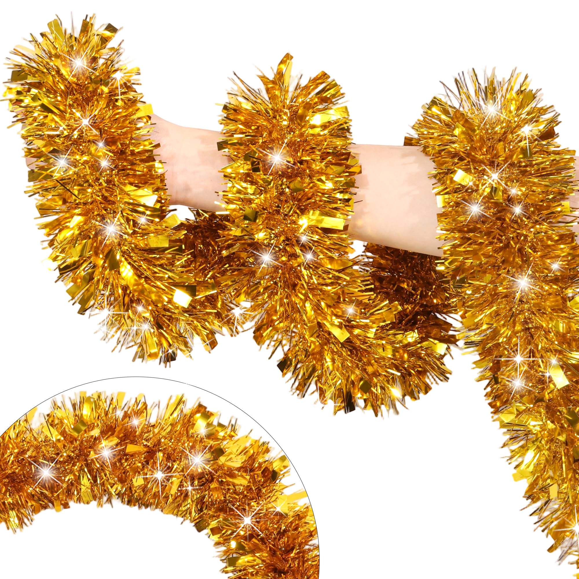 Photo 1 of 50 Feet Gold Christmas Tinsel Garland for Christmas Tree Decorations, Xmas Metallic Twist Shiny Hanging Garland Decor for Mantle Stairs Fireplace Home Holiday Indoor Outdoor