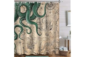 Fungarth Vintage Green Nautical Octopus Shower Curtain Mermaid Funny Ocean Kraken Shower Curtains for Bathroom Cool Anchor Coastal Map Waterproof Fabric Bath Curtain with Hooks (Retro2, 72” x 72”)
