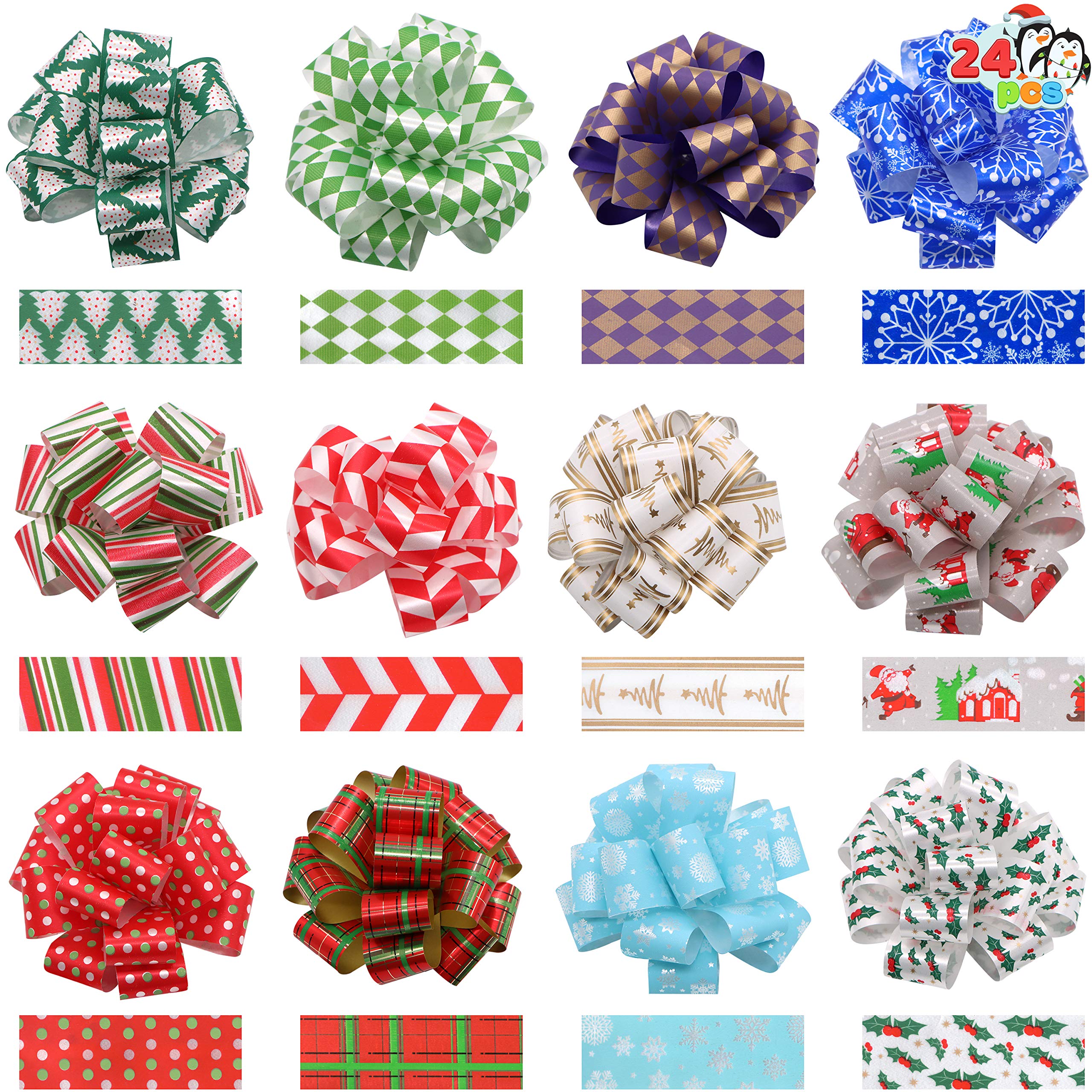 Photo 1 of JOYIN 24 Present Wrap Ribbon Pull Bows 5", Easy and Fast Gift Wrapping Accessory for Christmas Bows Baskets Wine Bottles Gifts Decoration, Present Decor