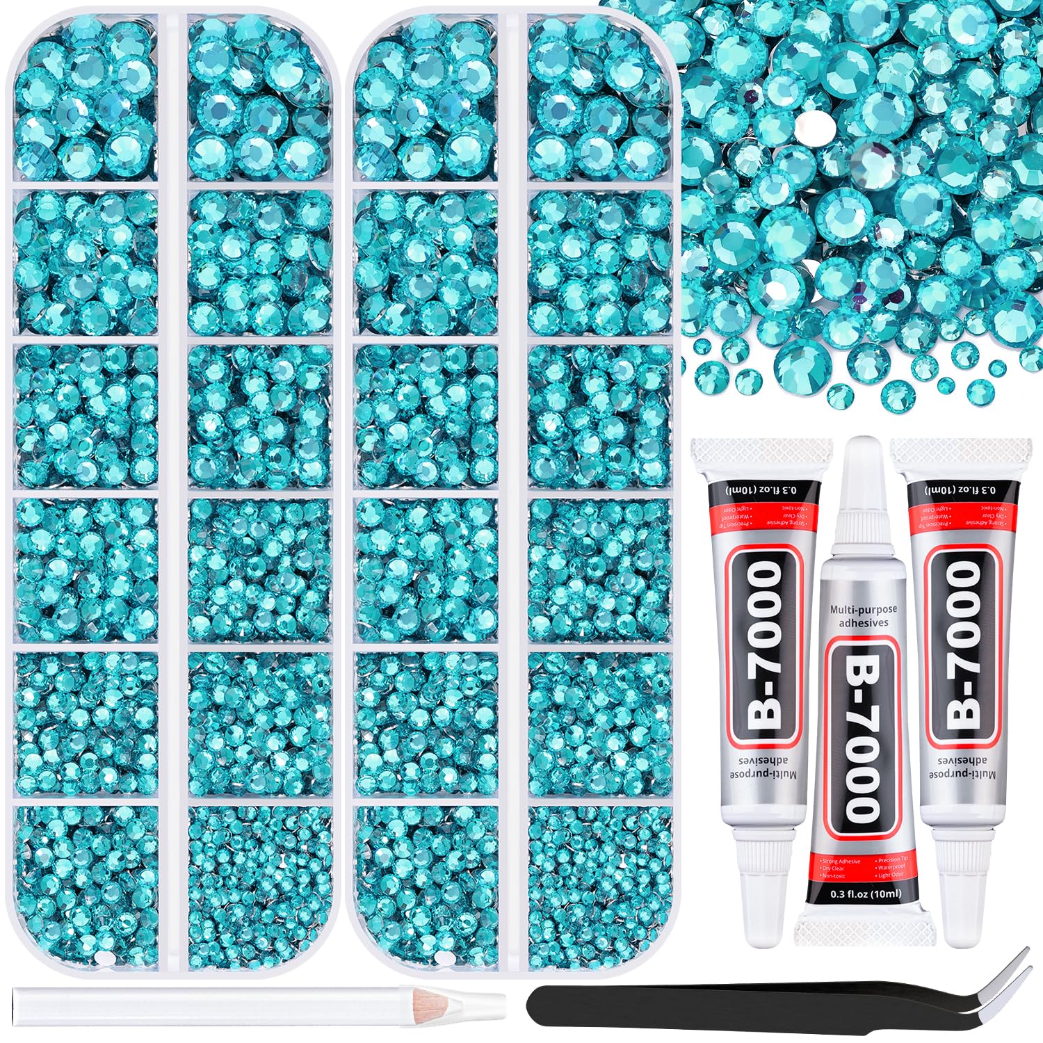 Photo 1 of 12000Pcs Resin Rhinestones for Bedazzling with 3Pcs B7000 Jewelry Glue, 2 Boxes Teal Blue Flatback Rhinestones for Crafting Crafts DIY, Crystals Gems for Clothing Shoes Tumblers Nail Art Makeup