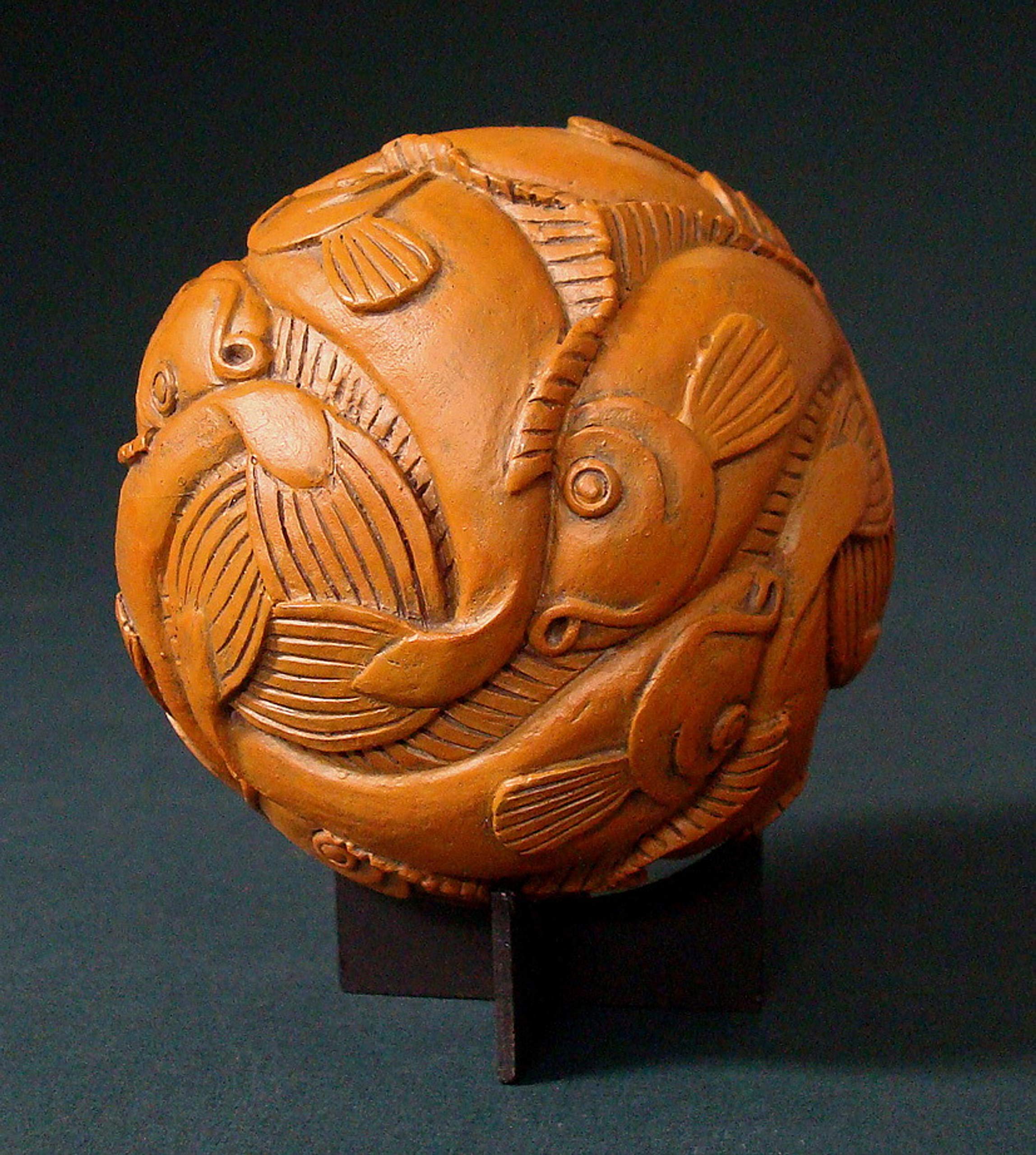 Parastone Figure - Sphere with Fish by Escher - Made of Beech Wood - Brown with Painted Fish