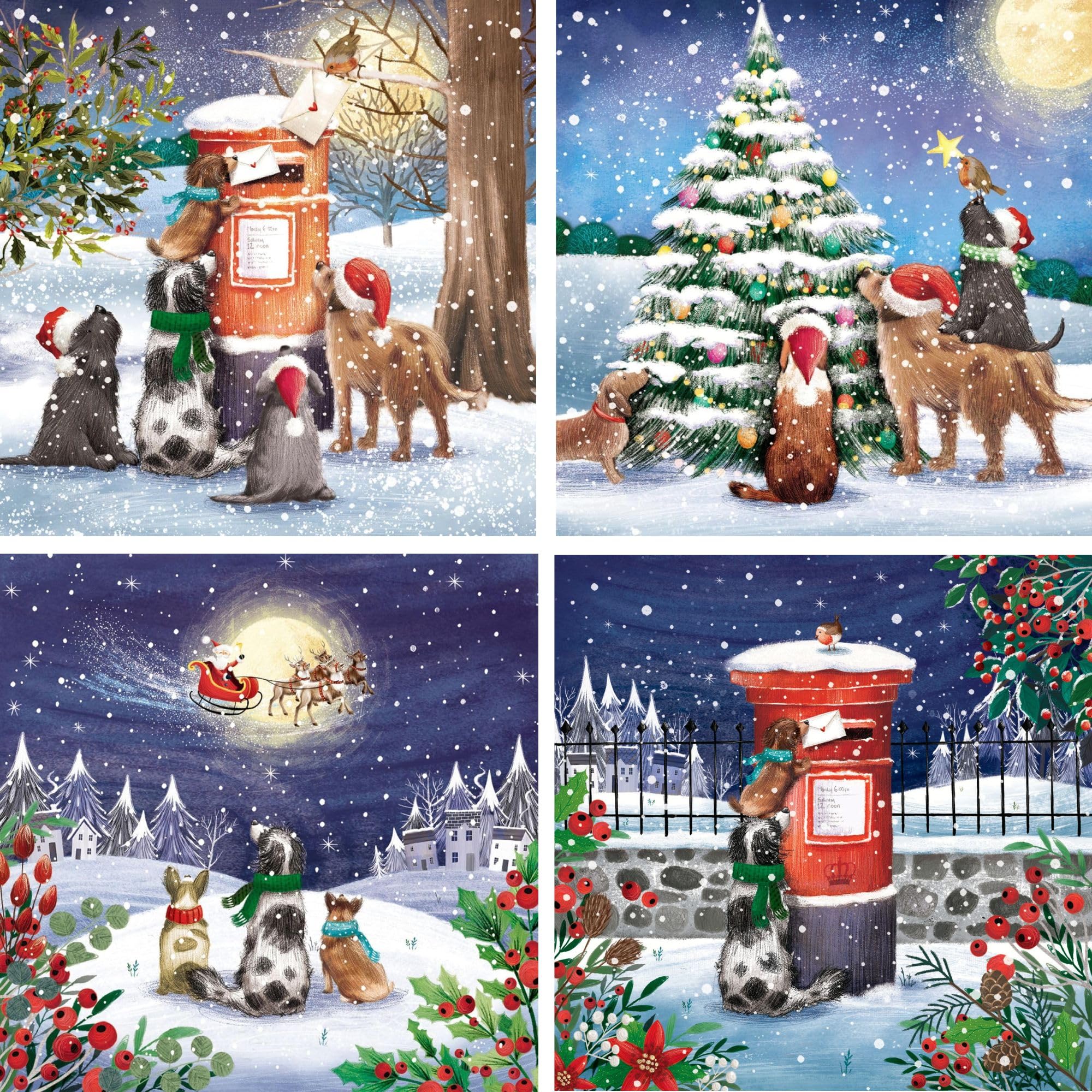 GBCC Charity Christmas Cards - Pack of 20 Assorted Premium Greeting Cards with Envelopes - Festive Dogs & Postbox - (5 Each of 4 Designs) - Supporting UK Charities