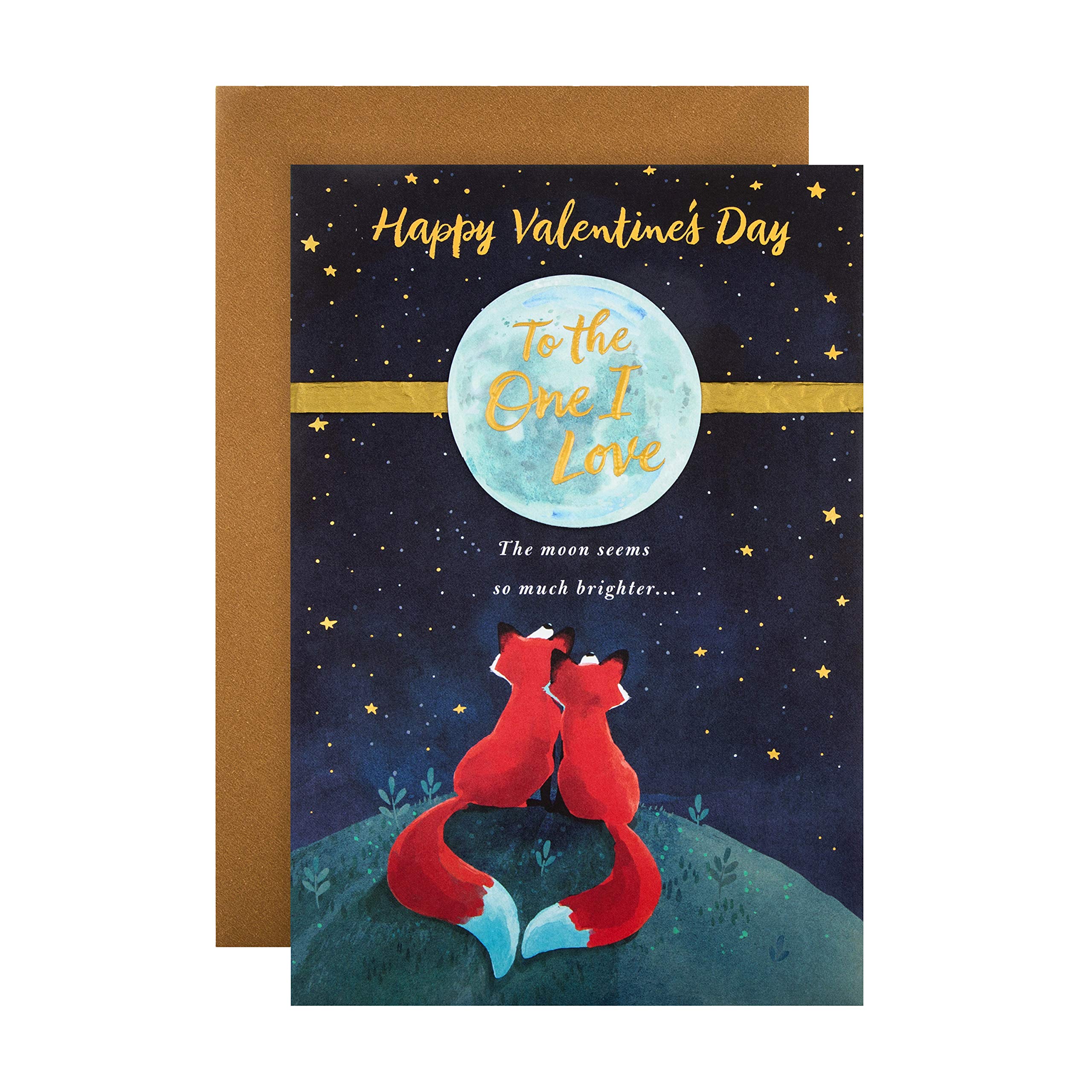 Hallmark Valentines Day Card for One I Love, Cute Foxes & Moon Design, Orange, Blue