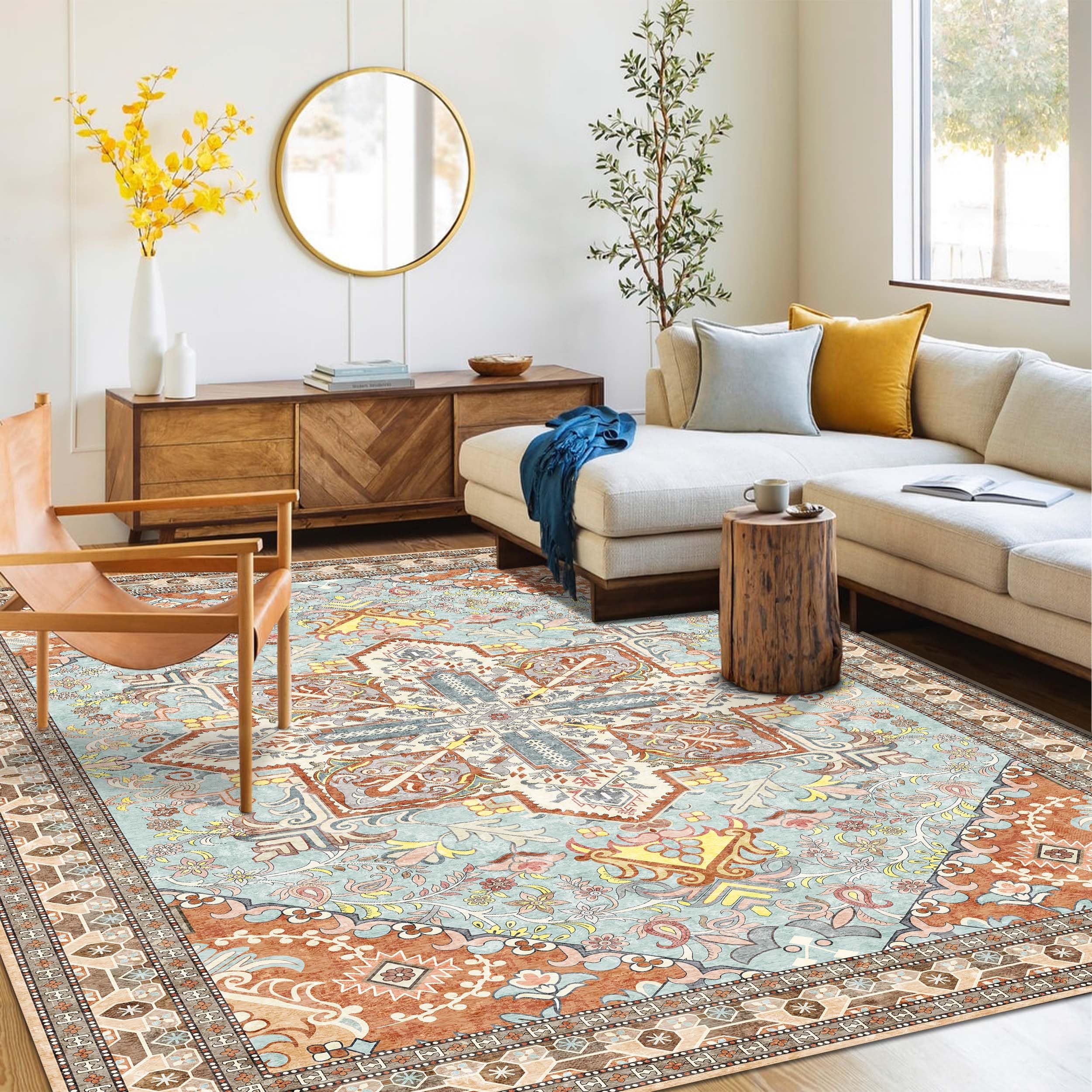 Photo 1 of Washable Area Rug 5x8 | Non Slip Area Rug for Living Room, Bedrooms, Dining Room | Ultra-Soft Flannel Carpet Area with Rubber Backing (Light Teal/Rust, 5x8)