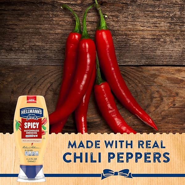 HELLMANN’S SPICY MAYONNAISE DRESSING SQUEEZE BOTTLE 1 CT FOR A RICH, CREAMY CONDIMENT MADE WITH REAL CHILI PEPPERS 11.5 OZ