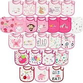 2ooya Cotton Waterproof Baby Bibs - 24Pcs Adjustable Hook Loop Closure Bib for Feeding Teething Drooling Eating, 6-12 Months