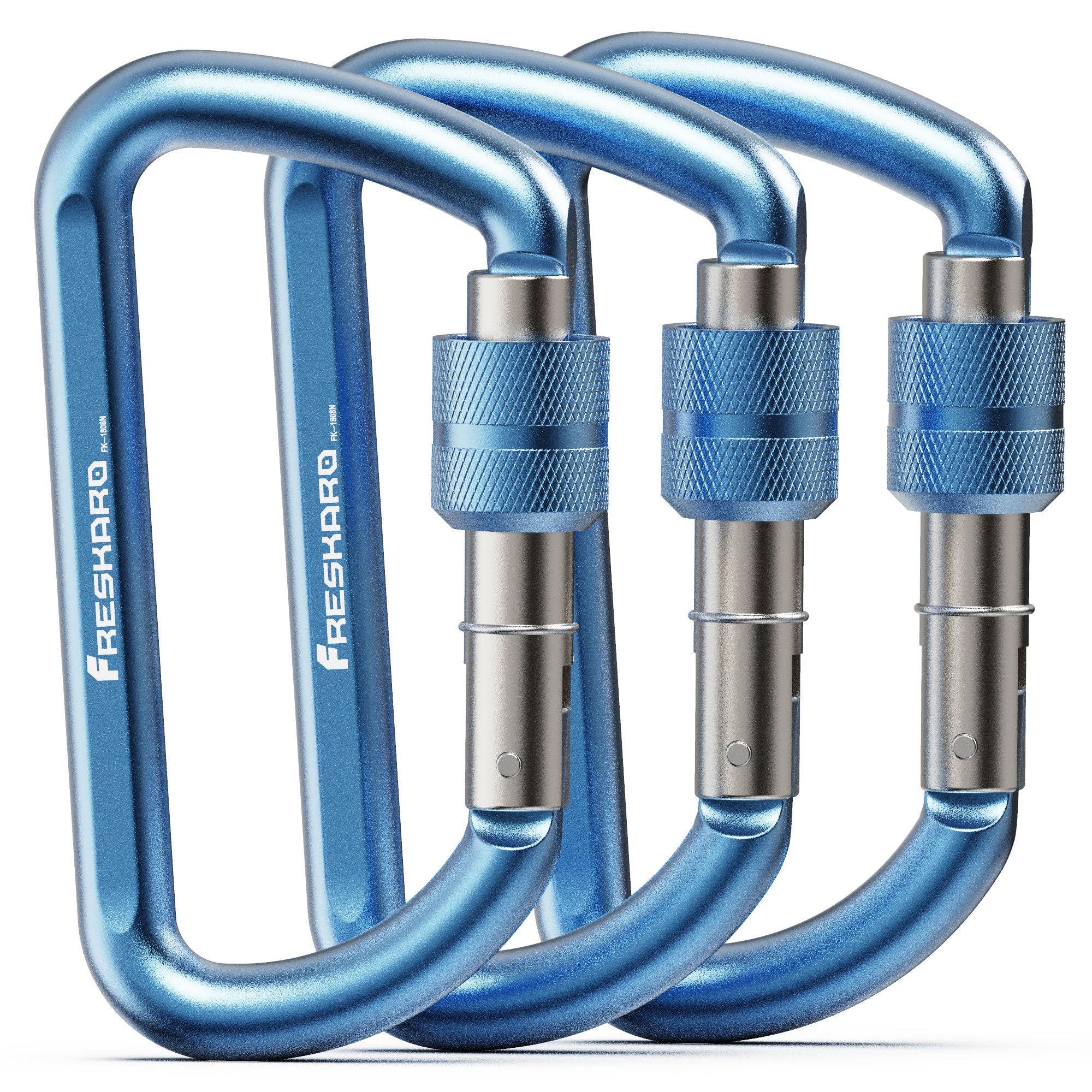 FresKaro Carabiner Clip Heavy Duty, Strong 12kN Screw-gate Aluminum Carabina, Locking Karabiner Hooks, 3 Inch, Lightweight, Lockable for Dog Lead, Hammocks, Swing, Camping, Key, D-Shaped, 3Pack Blue