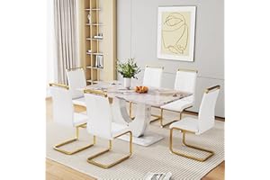 Btikita Dining Table Set for 6, Kitchen Table Chairs Set of 6, Modern Dining Room Set with 63 inch Marble Dinner Table Leather Upholstered Chairs (White Table with 6 White-Golden Leg Chairs)