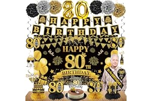 Eucutur 42PCS 80th Birthday Decoration Kit for Men Women, Black Gold Happy 80th Bday Banner Balloons Honeycomb Centerpiece Swirl Paper Pompoms Party Supplies, 80 Bday Sash Table Cake Topper Swirls Set