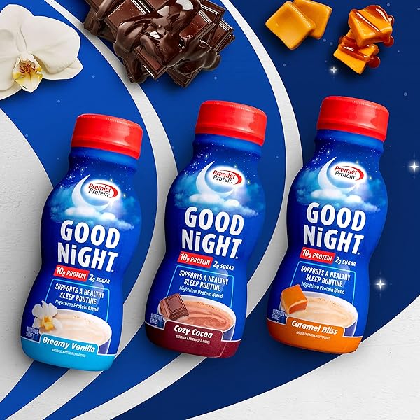 PREMIER PROTEIN GOOD NIGHT PROTEIN SHAKE, CARAMEL BLISS, 10G PROTEIN, 2G SUGAR, 12 VITAMINS & MINERALS, NIGHTTIME PROTEIN BLEND, MAGNESIUM, ZINC, 8.75 FL OZ, 12 PACK