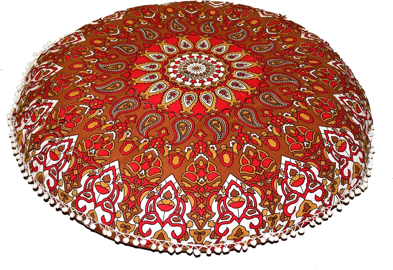 Large 32" Round Pillow Cover, Decorative Mandala Pillow Sham, Indian Bohemian Ottoman Poufs, Pom Pom Pillow Cases, Outdoor Cushion Cover Red