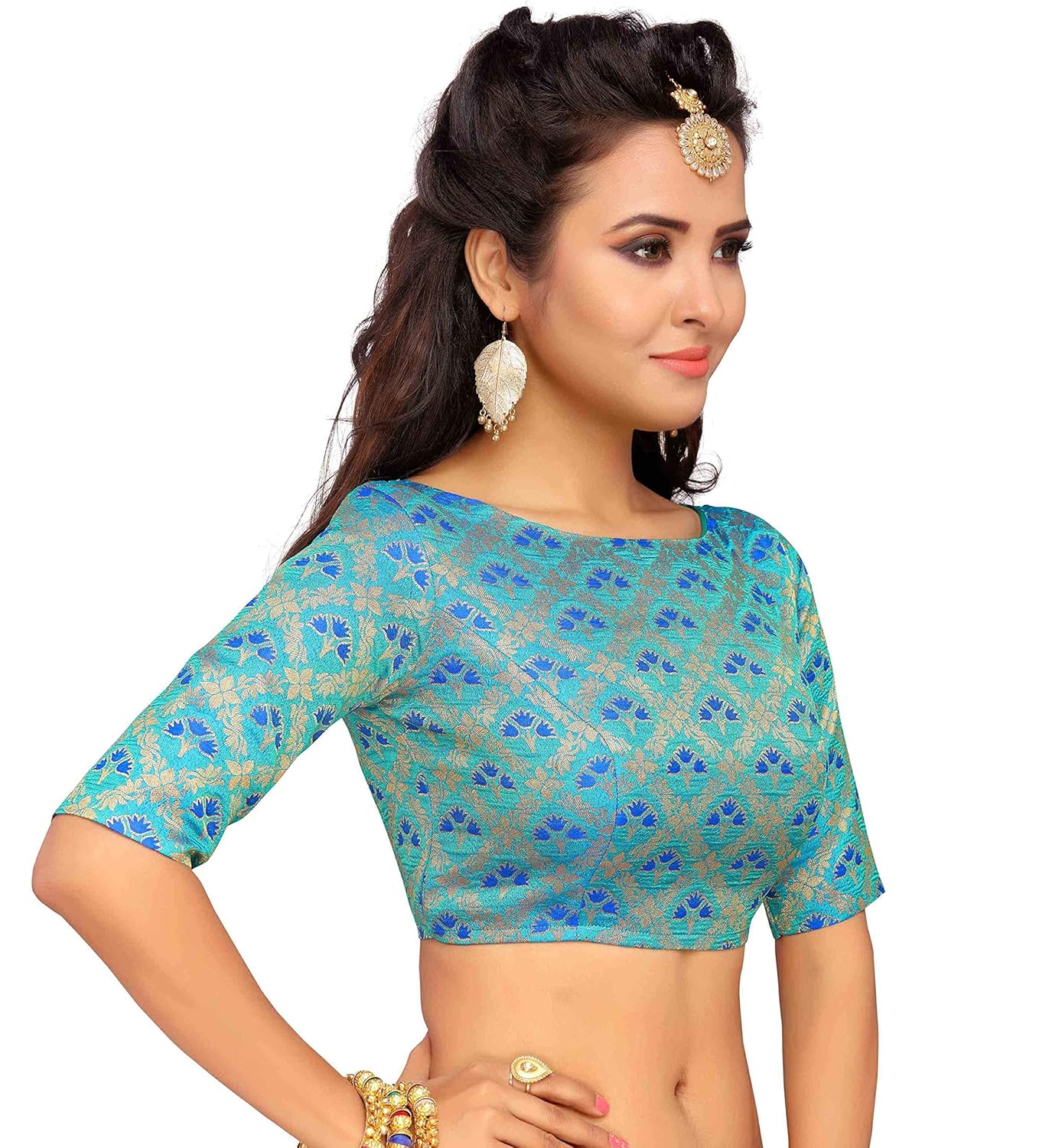 studio shringaar women's benaras brocade saree blouse with boat neck -jhumka design