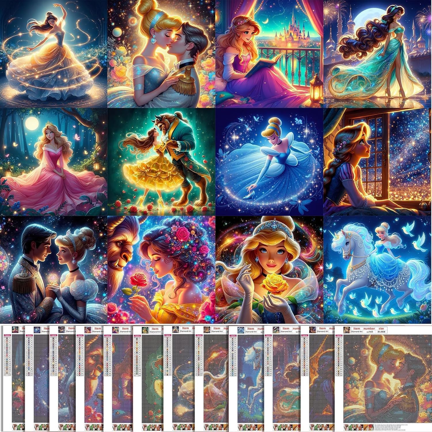 KEYRANKE 12 Pack Disney Diamond Art Kits Adults Kids, Princess Diamond Painting Kits Full Drill Shiny Diamond Embroidery Pictures Crystal Art Kits for Home Wall Decor Christ-mas Gift 11.6X11.6 inch