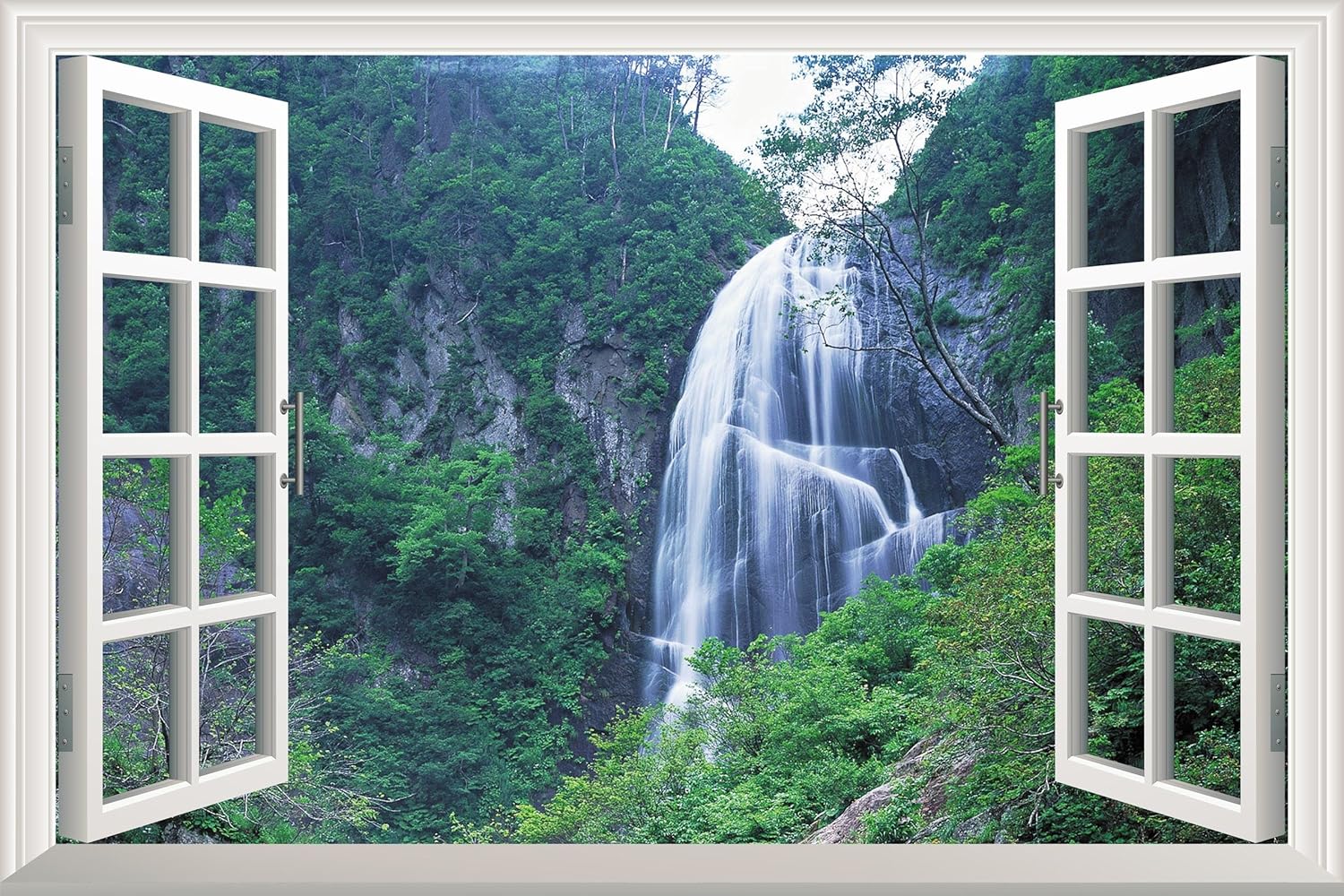 Grand Waterfall Green Mountain Open Window Mural Wall Sticker Peel