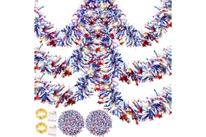 Thiccywoov 2 Set 66 ft 4th of July Tinsel Garland Decorations with LED String Light Patriotic Red White and Blue Metallic Hanging Garland for Memorial Day Independence Day Party Decor(Star)