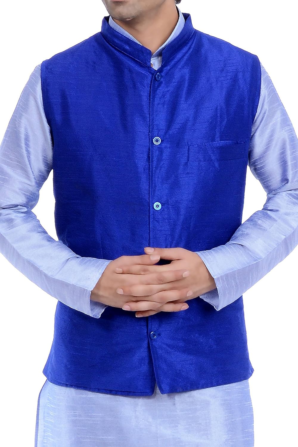 vastramay cotton silk solid, woven men's sleeveless modi jacket (color blue)